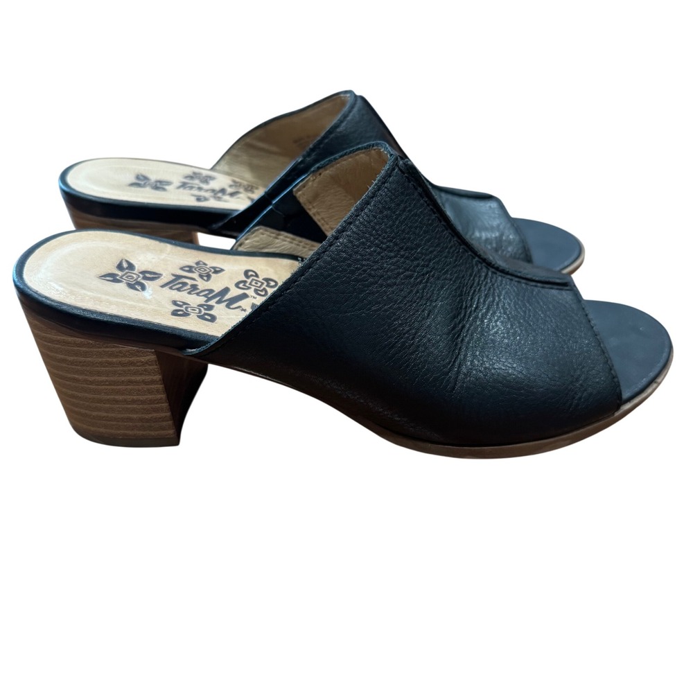 Leather Womens 8 Black Peep Toe Block Heel Mules Slides Comfort Scandi Boho Chic